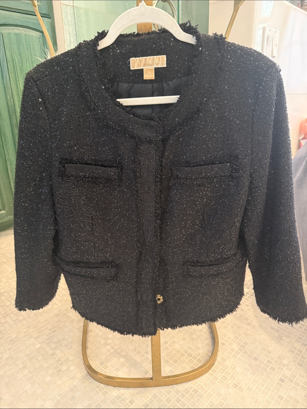 Michael Kors Black Tweed Cropped Boxy Blazer